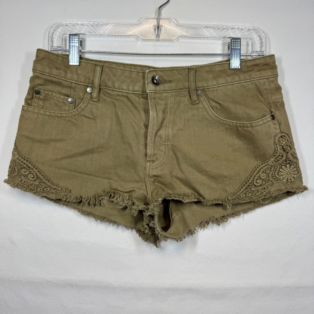 Roxy Denim Shorts Lace Trim Frayed Hem Casual Summer Khaki Size‎ 27